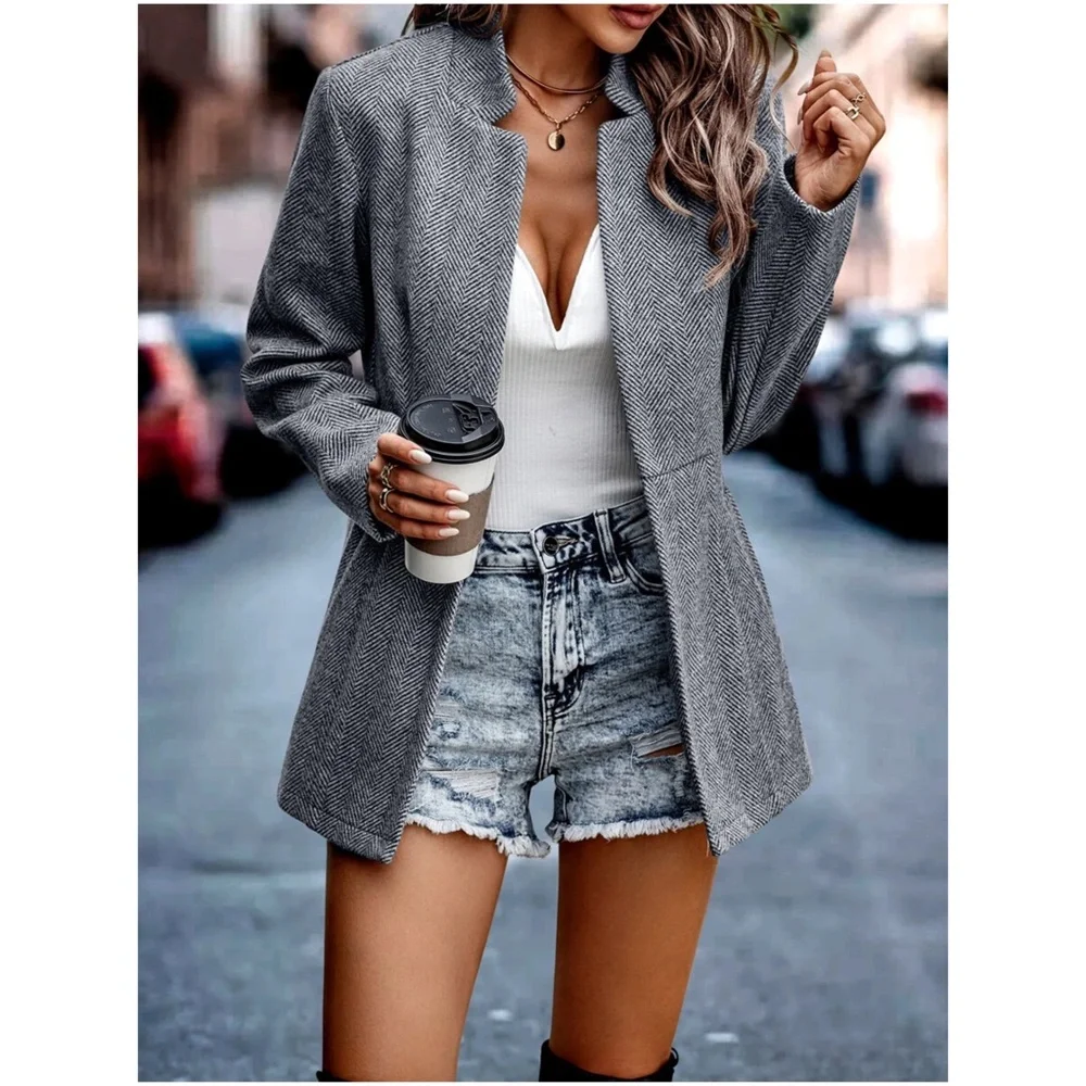 Classic Grey Herringbone Blazer Jacket Coat - Picture 7 of 12